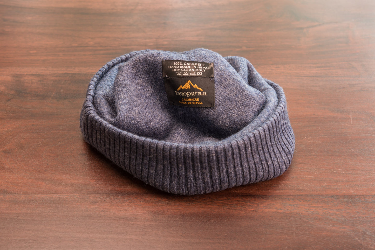 Kaschmirmütze Beanie glatt mit geripptem Umschlag Dunkelblau