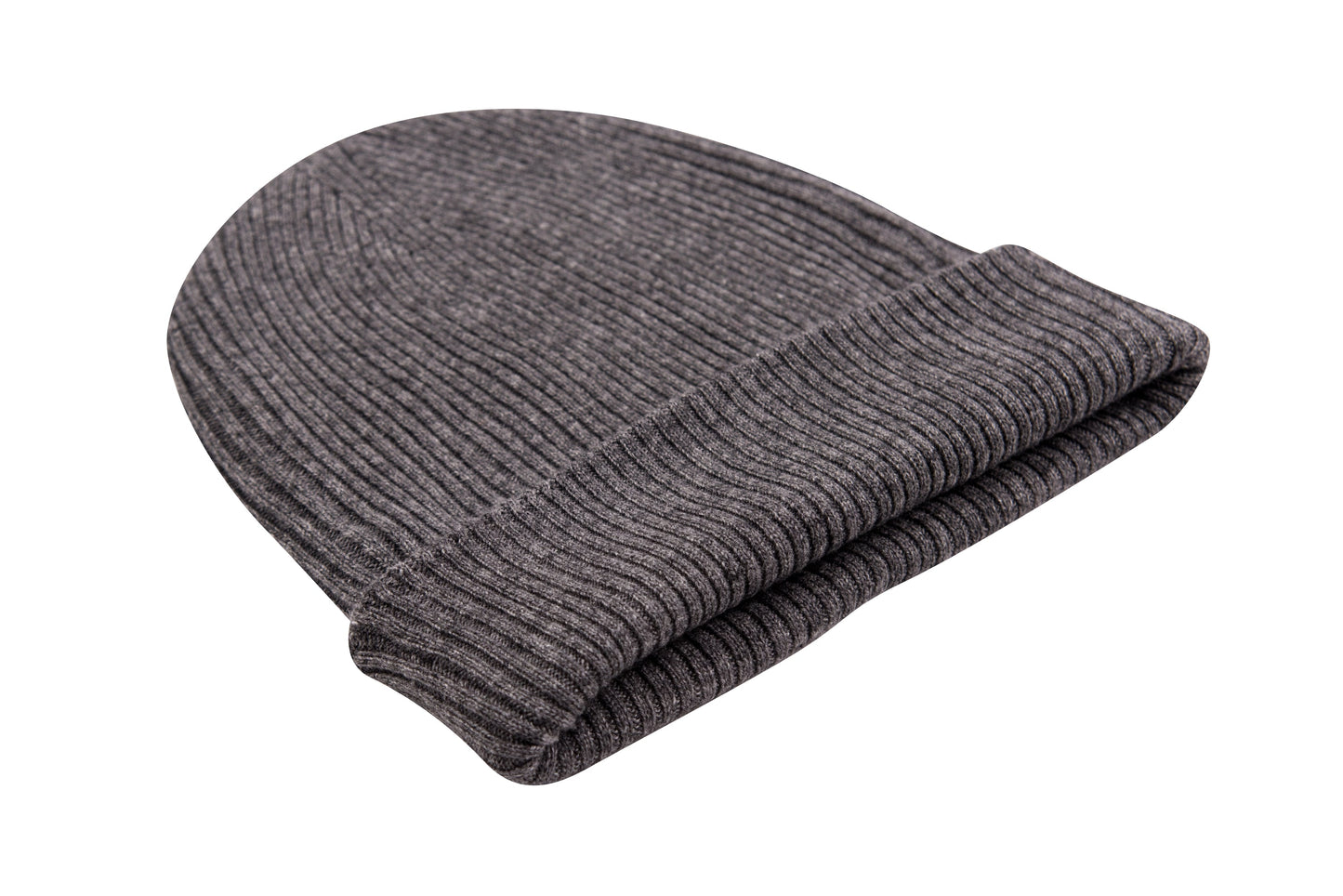 Kaschmirmütze Beanie gerippt mit Umschlag - Dunkelgrau