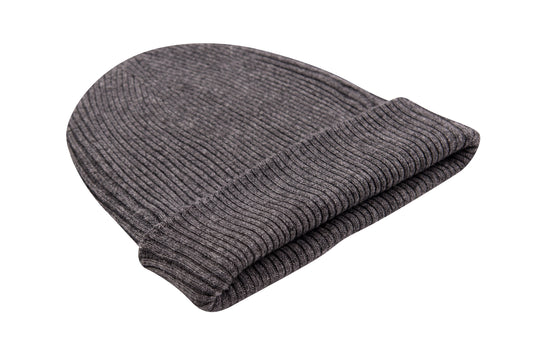 Kaschmirmütze Beanie gerippt mit Umschlag - Dunkelgrau