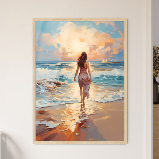 Woman Walking On Sand Beach Leaving Footprints - A Woman Walking On A Beach