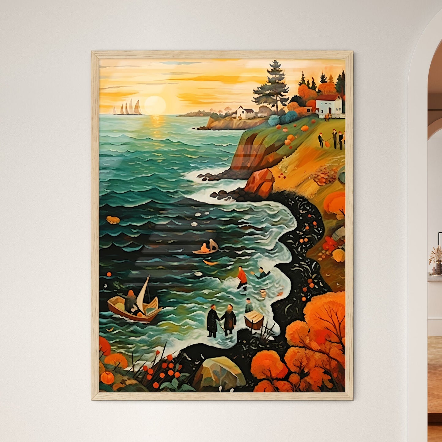 Baltic Sea Bath Scene In Autumn - A Painting Of A Beach With People And Boats