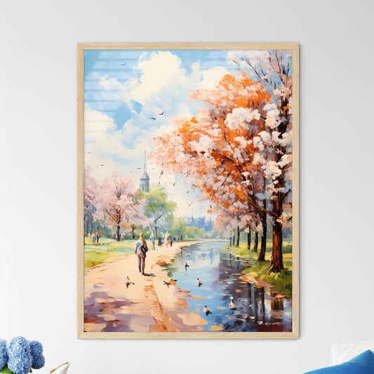 Beach At Baltic Sea With Bathing People - A Painting Of A Park With Trees And A River