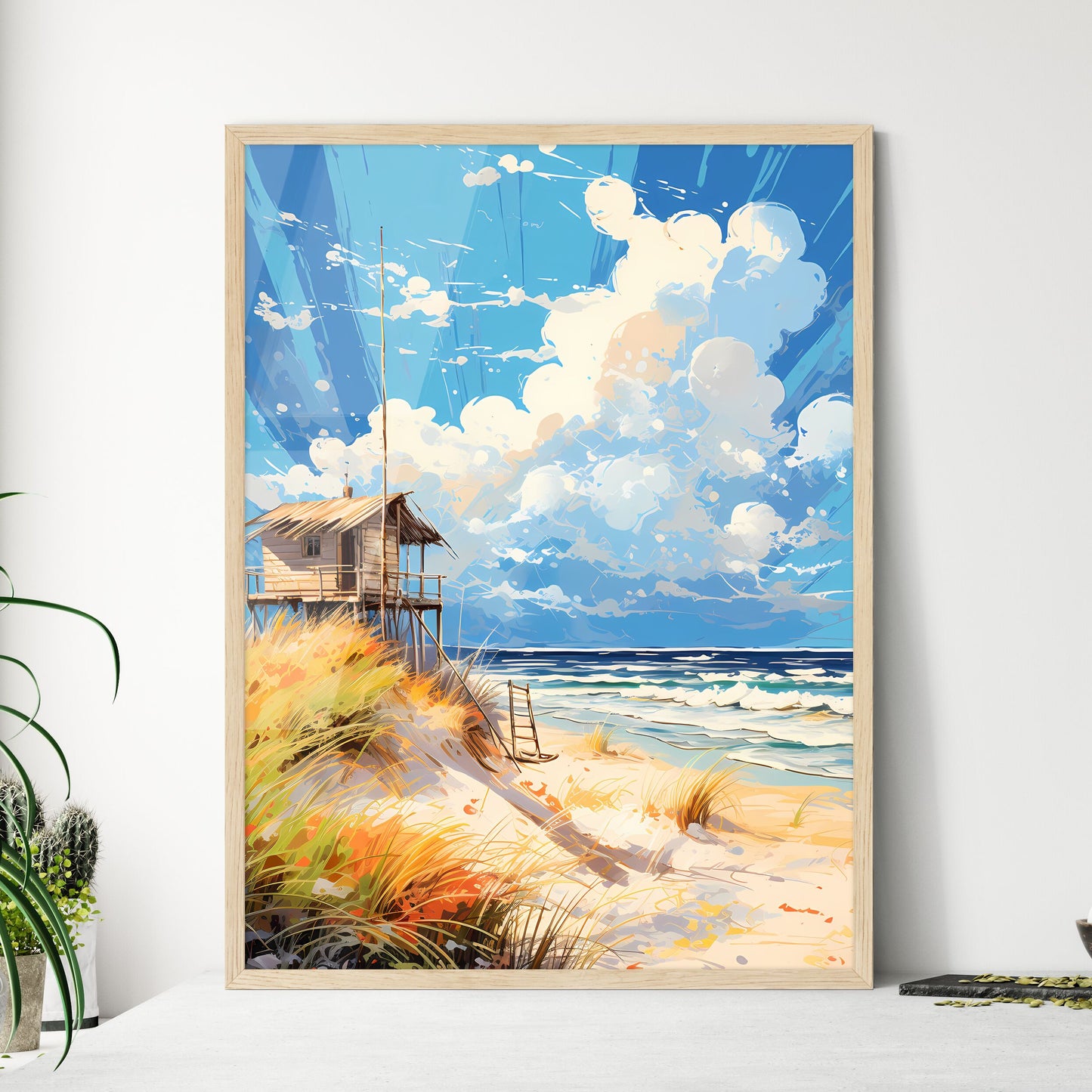 German Strandkorbbaltic Sea Beach - A Painting Of A Beach With A Hut And Waves