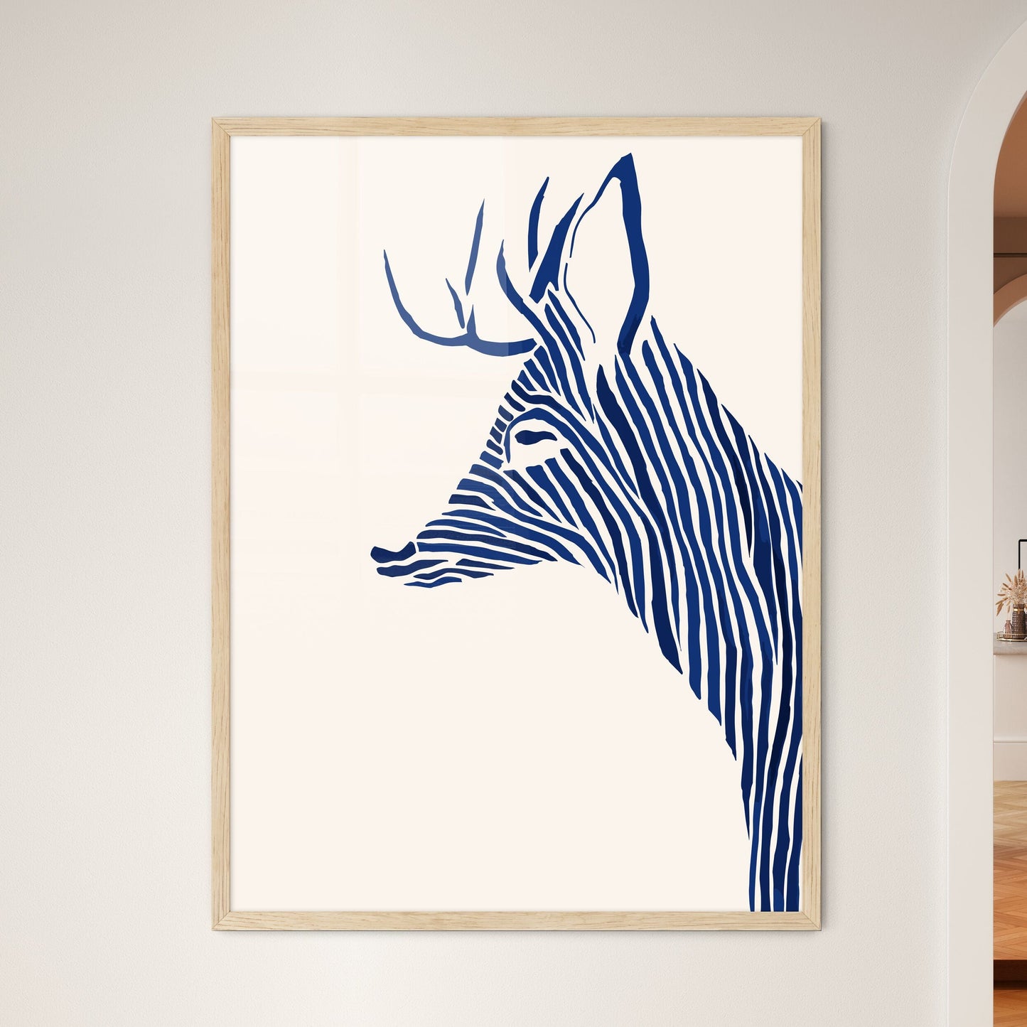 Black Marker Style Drawing Of A Deer Woodcut Print - A Blue And White Zebra