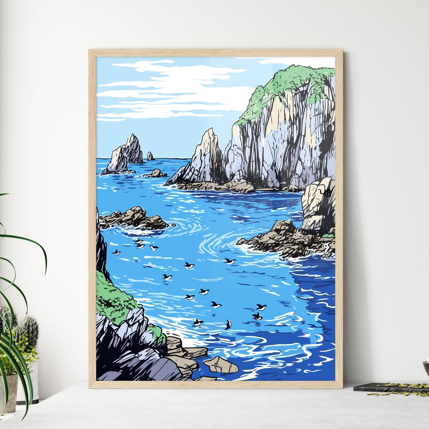 Group Of Penguins With A Blue Iceberg Bay - A Drawing Of A Body Of Water With Rocks And Birds
