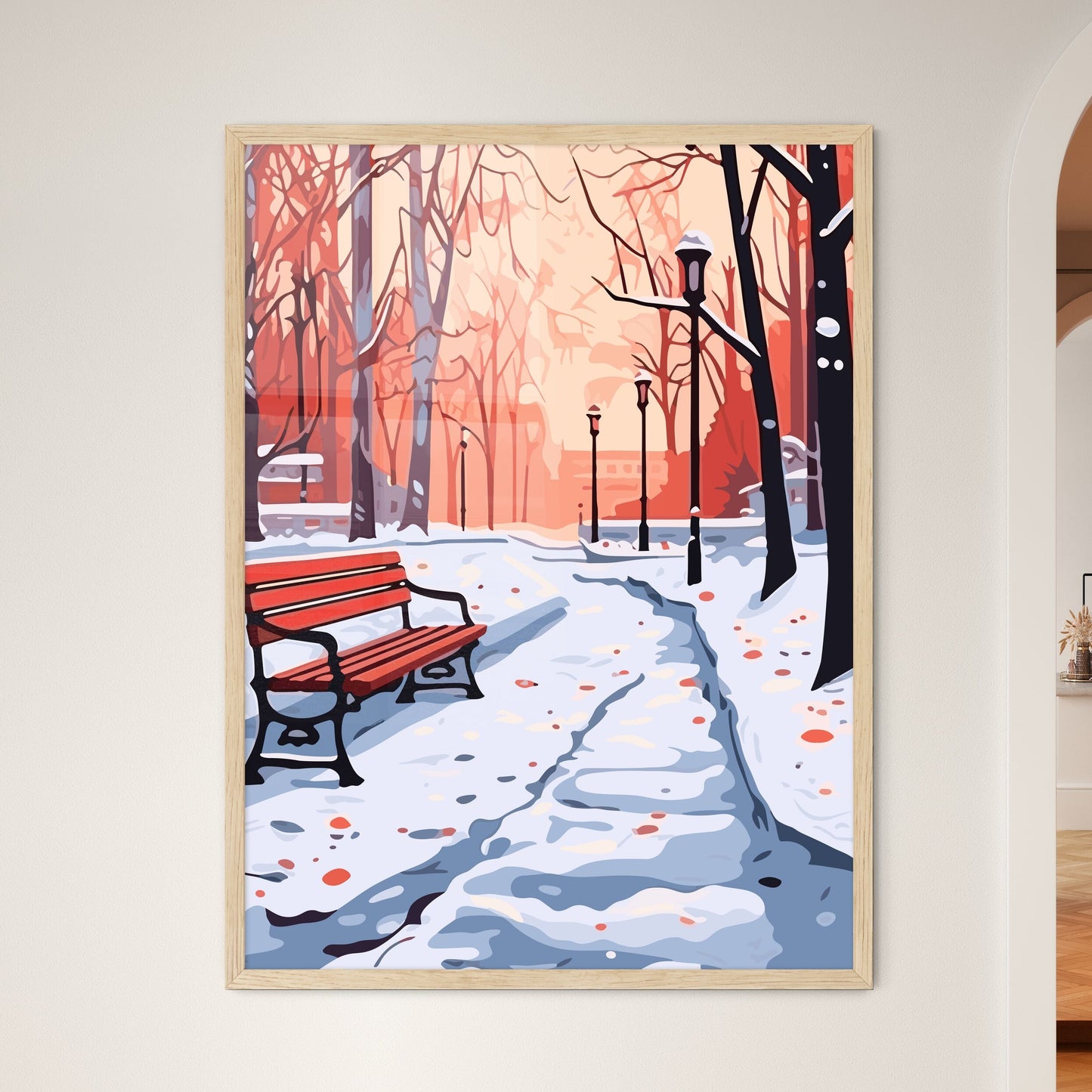 Red Benches In The Fog In Winter Poster - A Bench In A Snowy Park