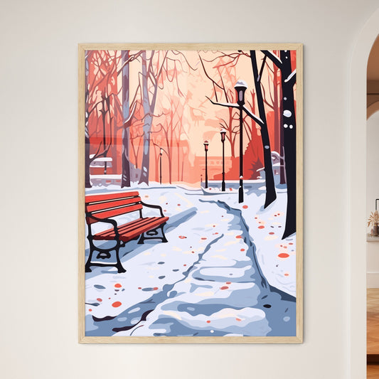 Red Benches In The Fog In Winter Poster - A Bench In A Snowy Park