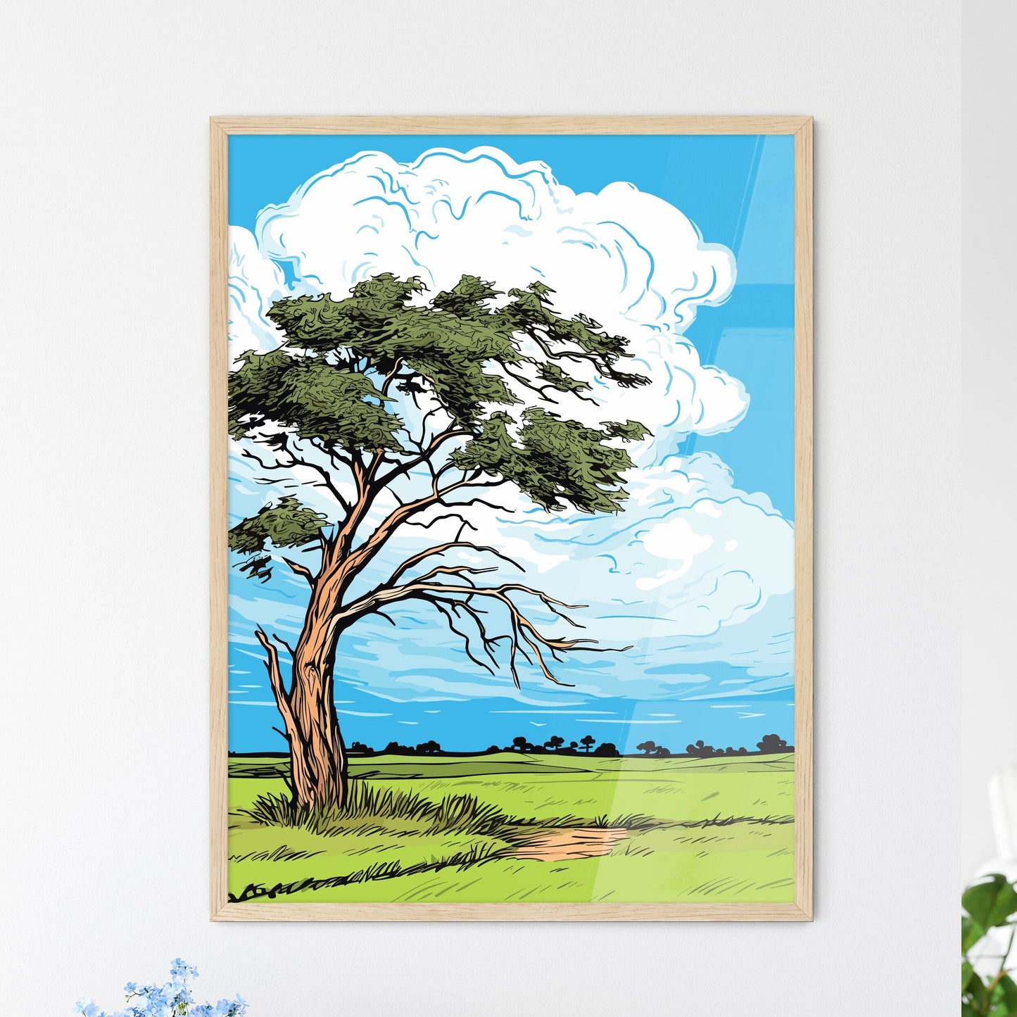 Windswept Tree In A Field Against An Cloudy Sky - A Tree In A Field