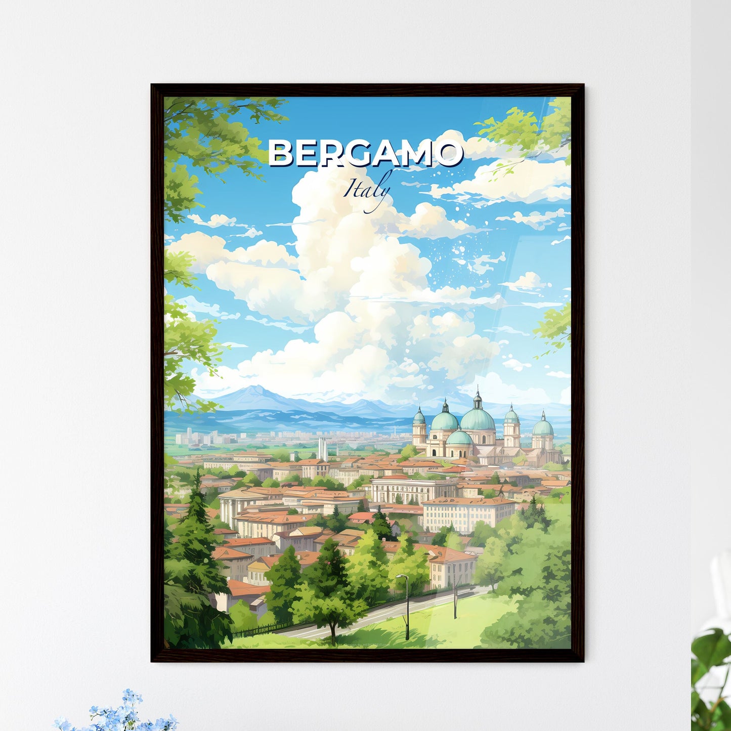 Bergamo Italy Skyline - A City With Many Buildings And Trees  - Customizable Travel Gift