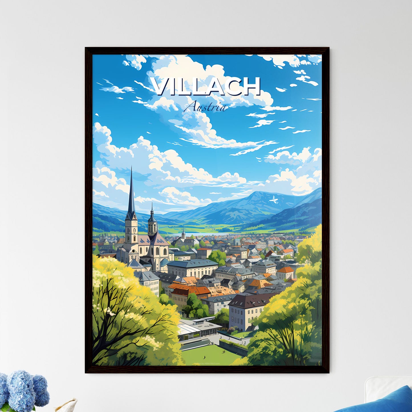 Villach Austria Skyline - A City With A Steeple And Trees  - Customizable Travel Gift