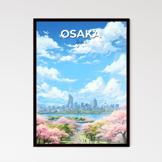 Osaka Japan Skyline - A City With Pink Flowers And Birds Flying Over Water  - Customizable Travel Gift