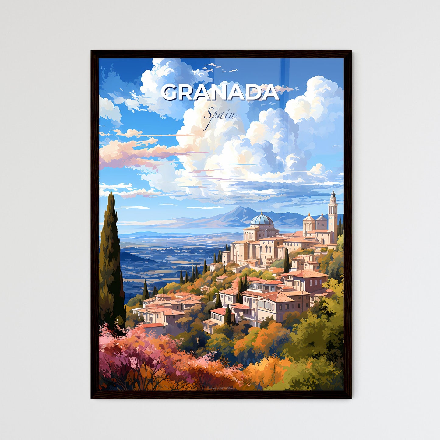 Granada Spain Skyline - A Landscape Of A Town With Trees And Mountains  - Customizable Travel Gift