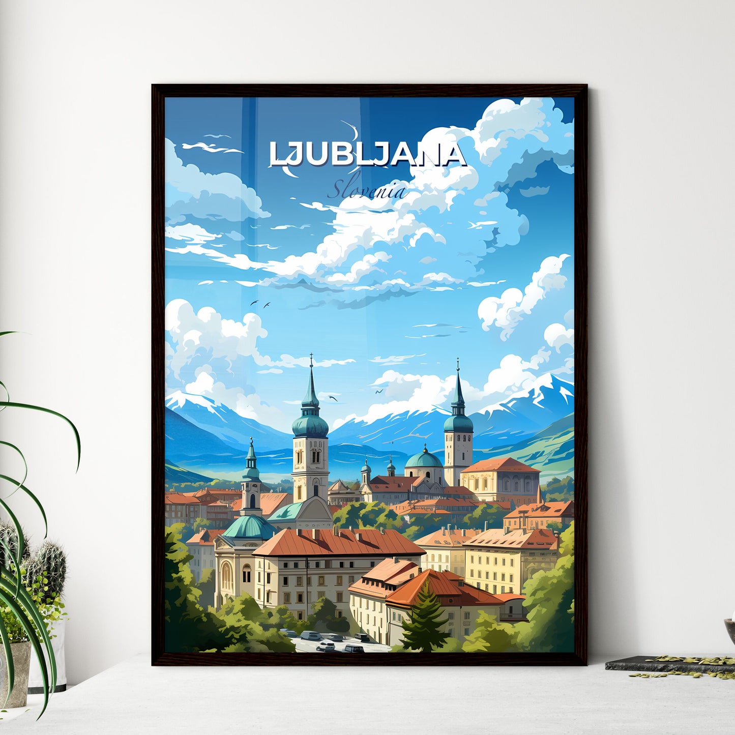 Ljubljana Slovenia Skyline - A City With Many Towers And Mountains In The Background  - Customizable Travel Gift
