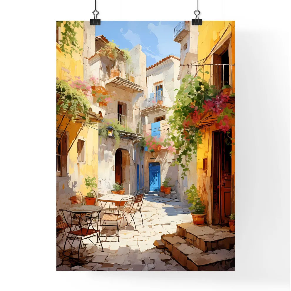 Pictorial Scene Of Courtyard In Old Town Of Croatia - A Courtyard With Tables And Chairs