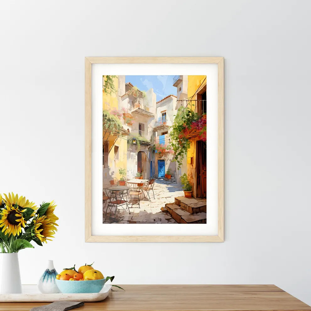 Pictorial Scene Of Courtyard In Old Town Of Croatia - A Courtyard With Tables And Chairs