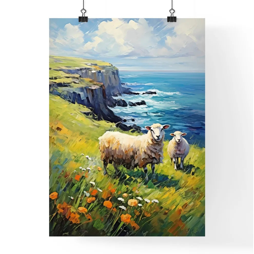 Sheep On Northern Ireland Coast - A Painting Of Sheep On A Grassy Hill By The Ocean