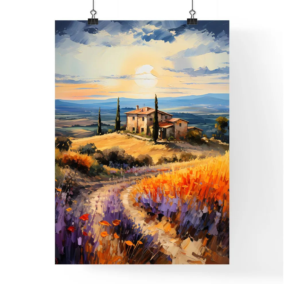 Tuscan Landscape - A Painting Of A House In A Field Of Flowers