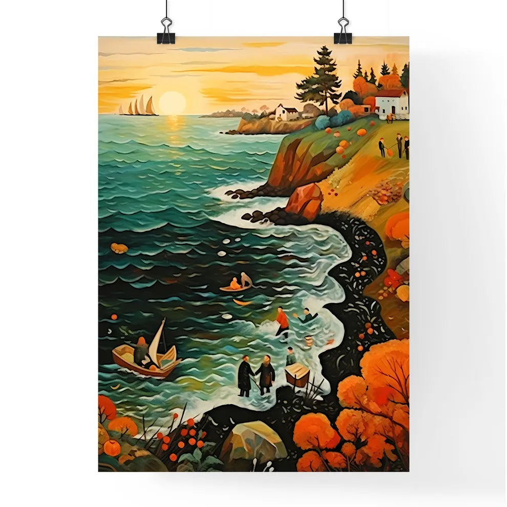 Baltic Sea Bath Scene In Autumn - A Painting Of A Beach With People And Boats