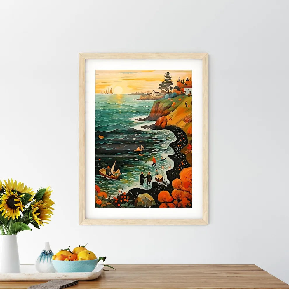 Baltic Sea Bath Scene In Autumn - A Painting Of A Beach With People And Boats