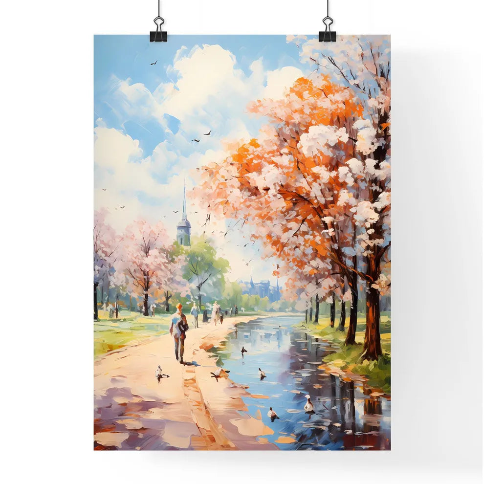 Beach At Baltic Sea With Bathing People - A Painting Of A Park With Trees And A River