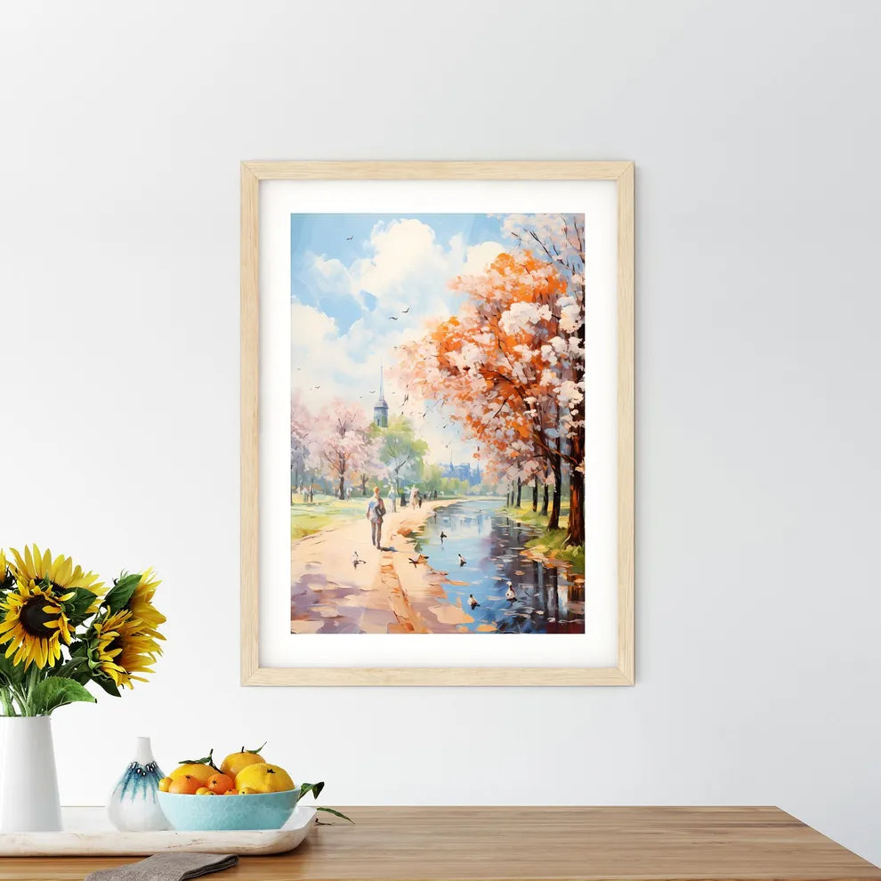 Beach At Baltic Sea With Bathing People - A Painting Of A Park With Trees And A River