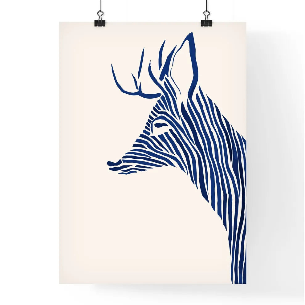 Black Marker Style Drawing Of A Deer Woodcut Print - A Blue And White Zebra