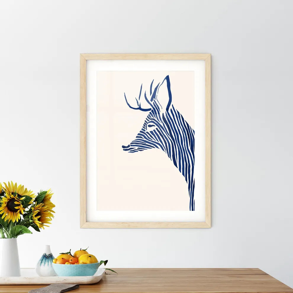Black Marker Style Drawing Of A Deer Woodcut Print - A Blue And White Zebra