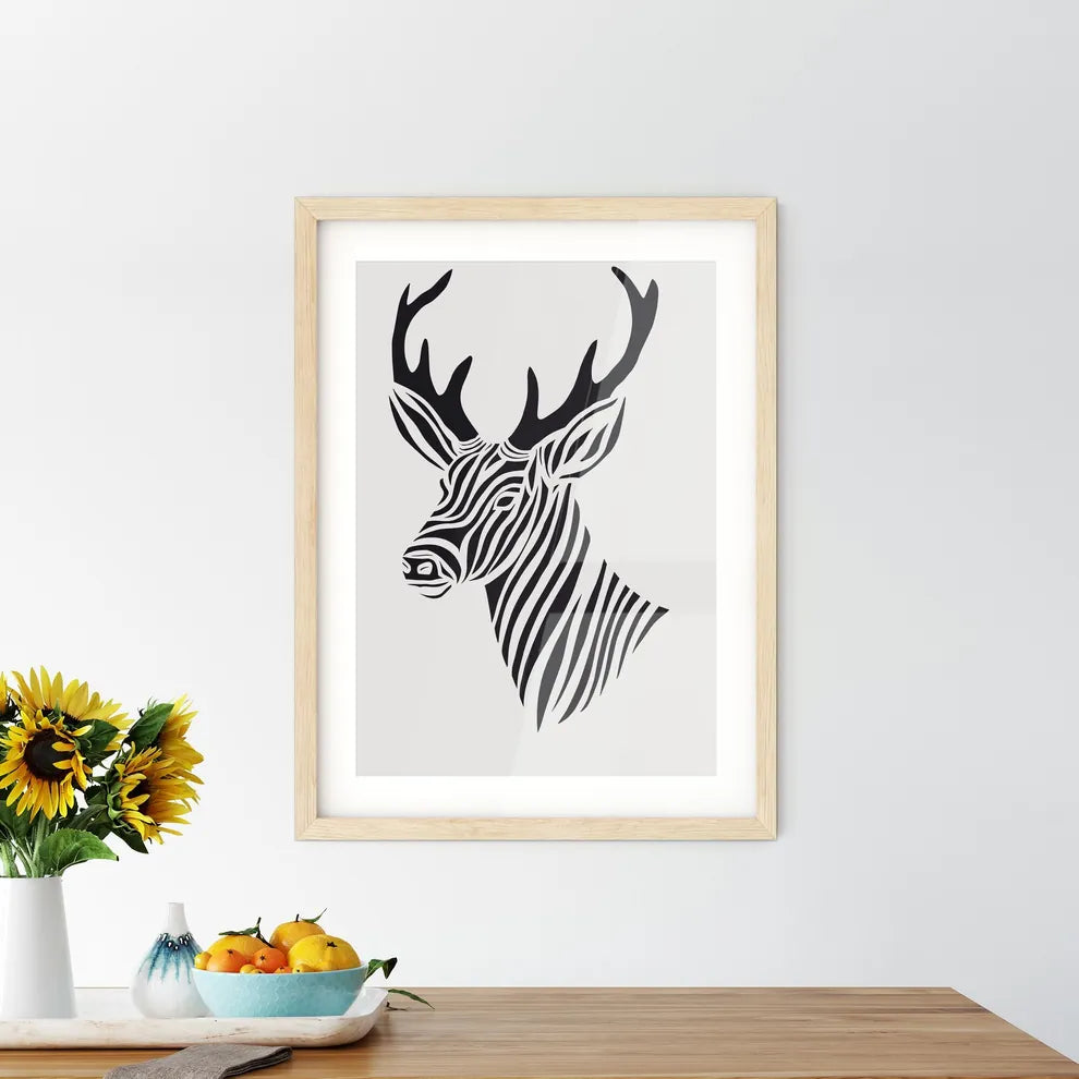 Black Marker Style Drawing Of A Deer Woodcut Print - A Black And White Drawing Of A Zebra Head