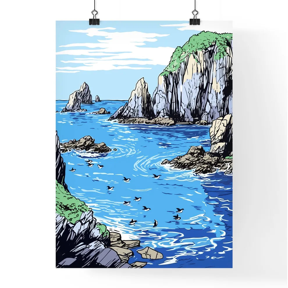 Group Of Penguins With A Blue Iceberg Bay - A Drawing Of A Body Of Water With Rocks And Birds