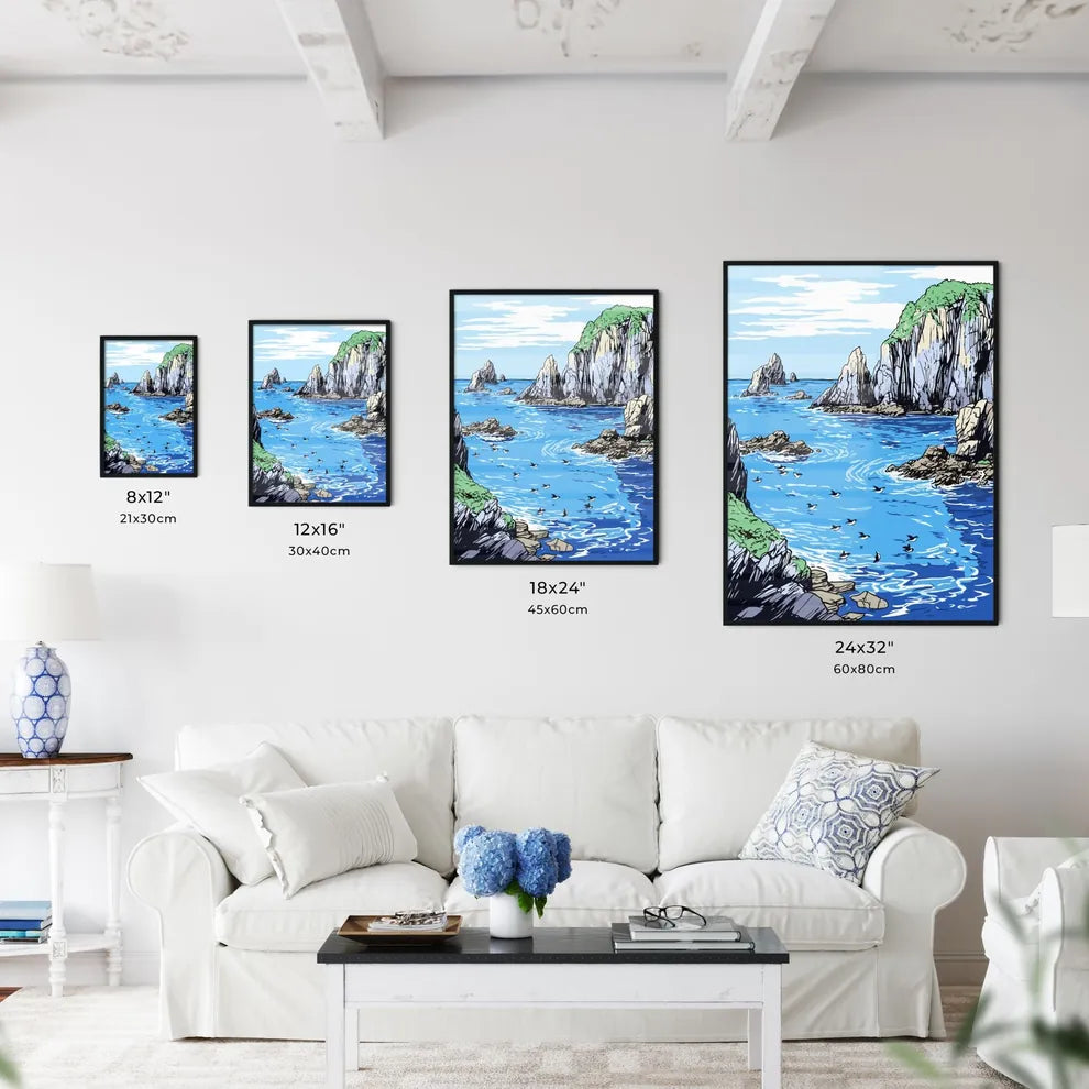 Group Of Penguins With A Blue Iceberg Bay - A Drawing Of A Body Of Water With Rocks And Birds