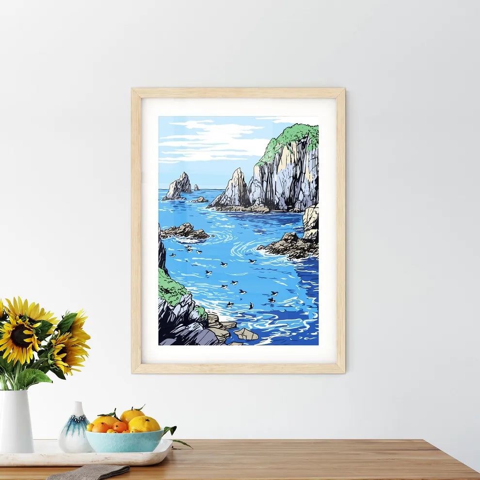 Group Of Penguins With A Blue Iceberg Bay - A Drawing Of A Body Of Water With Rocks And Birds