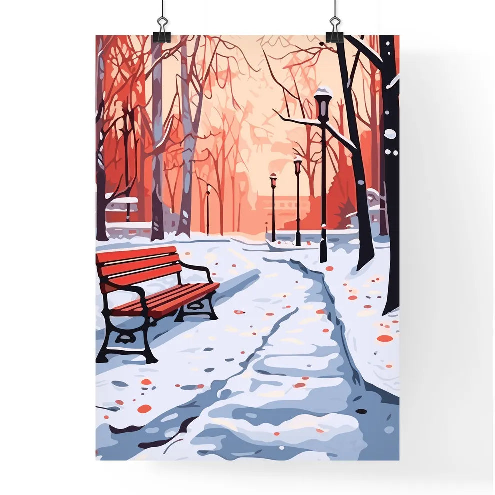 Red Benches In The Fog In Winter Poster - A Bench In A Snowy Park