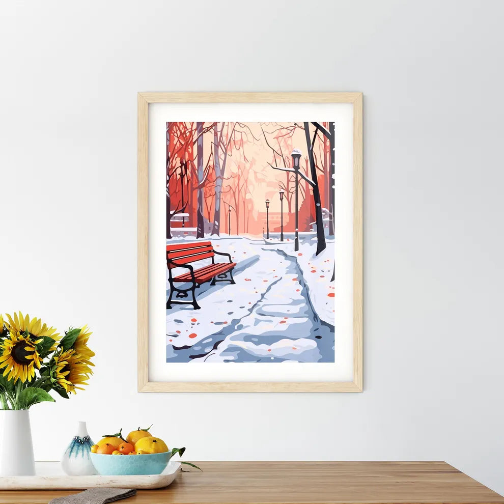 Red Benches In The Fog In Winter Poster - A Bench In A Snowy Park