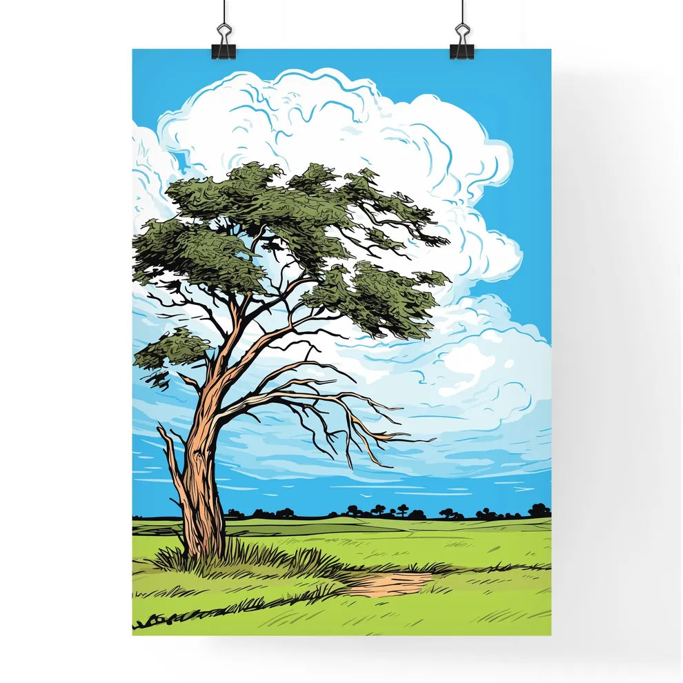 Windswept Tree In A Field Against An Cloudy Sky - A Tree In A Field