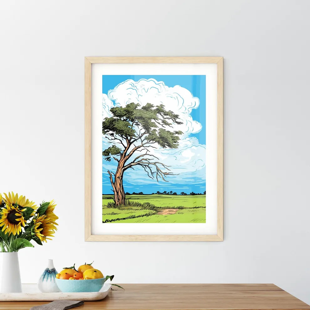 Windswept Tree In A Field Against An Cloudy Sky - A Tree In A Field