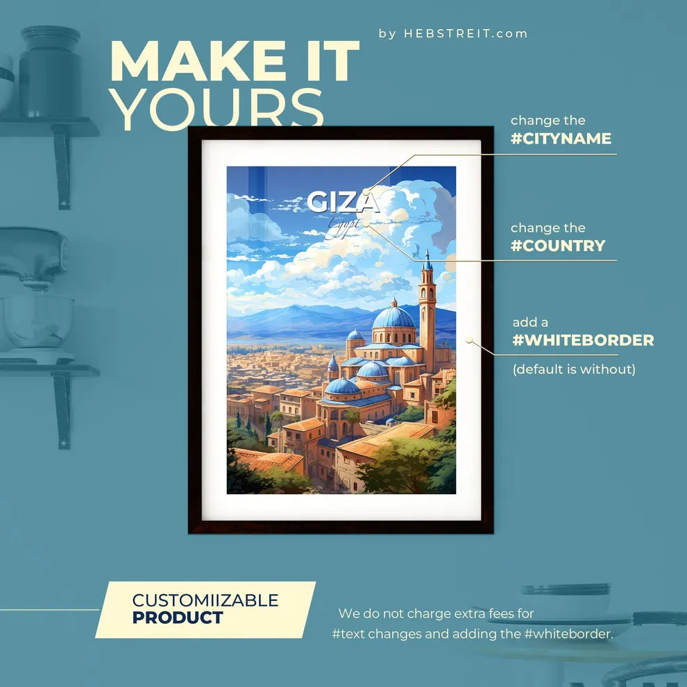 Giza Egypt Skyline - A City With A Blue Dome And Towers  - Customizable Travel Gift