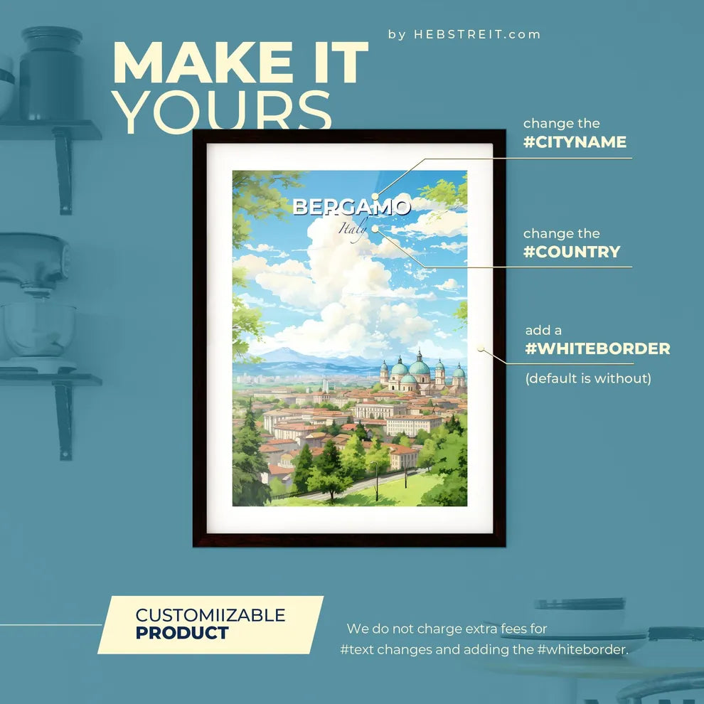 Bergamo Italy Skyline - A City With Many Buildings And Trees  - Customizable Travel Gift