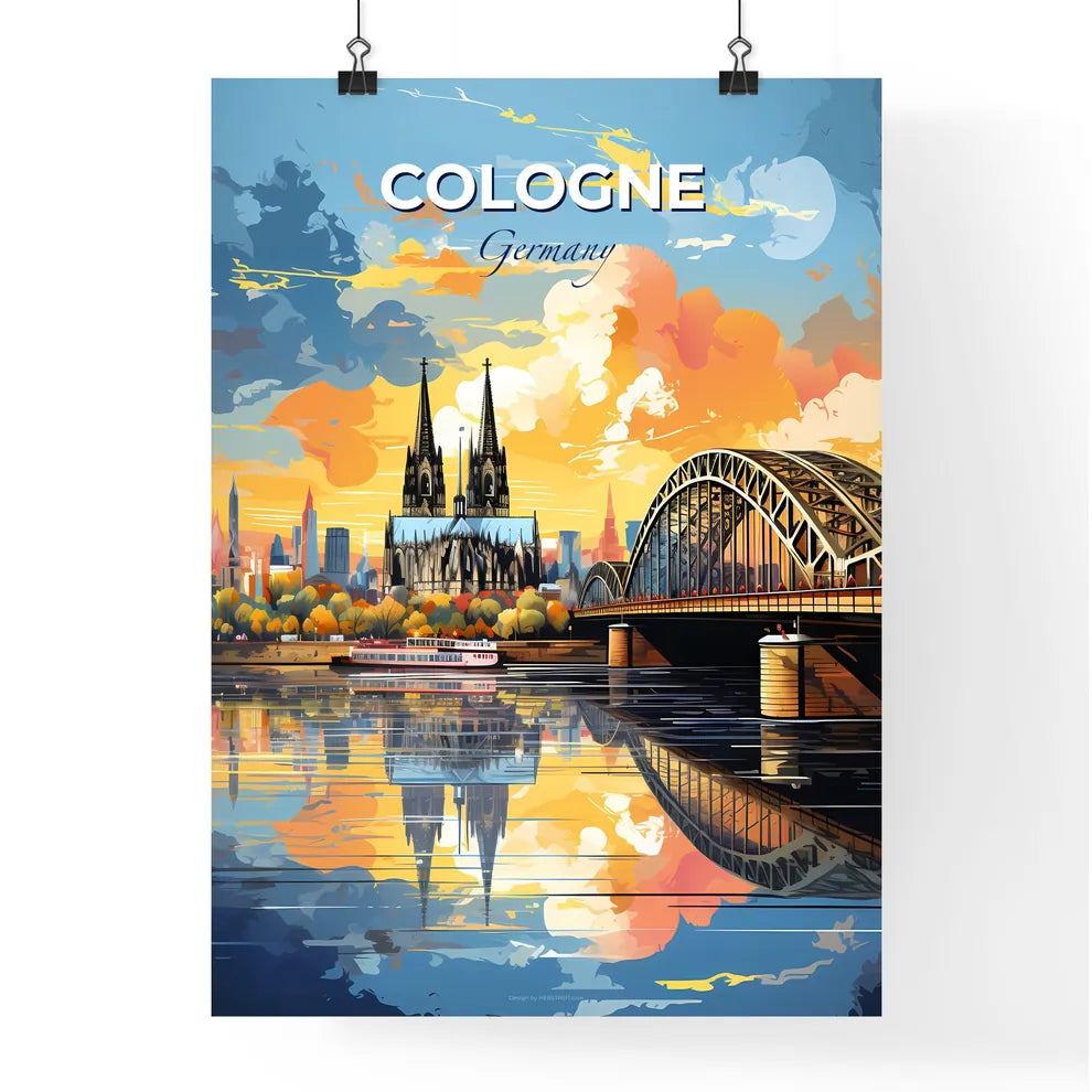 Cologne Germany Skyline - A Bridge Over Water With A Church And A Bridge  - Customizable Travel Gift