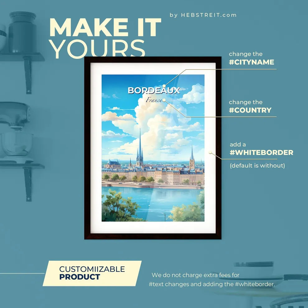 Bordeaux France Skyline - A City With A River And Trees  - Customizable Travel Gift