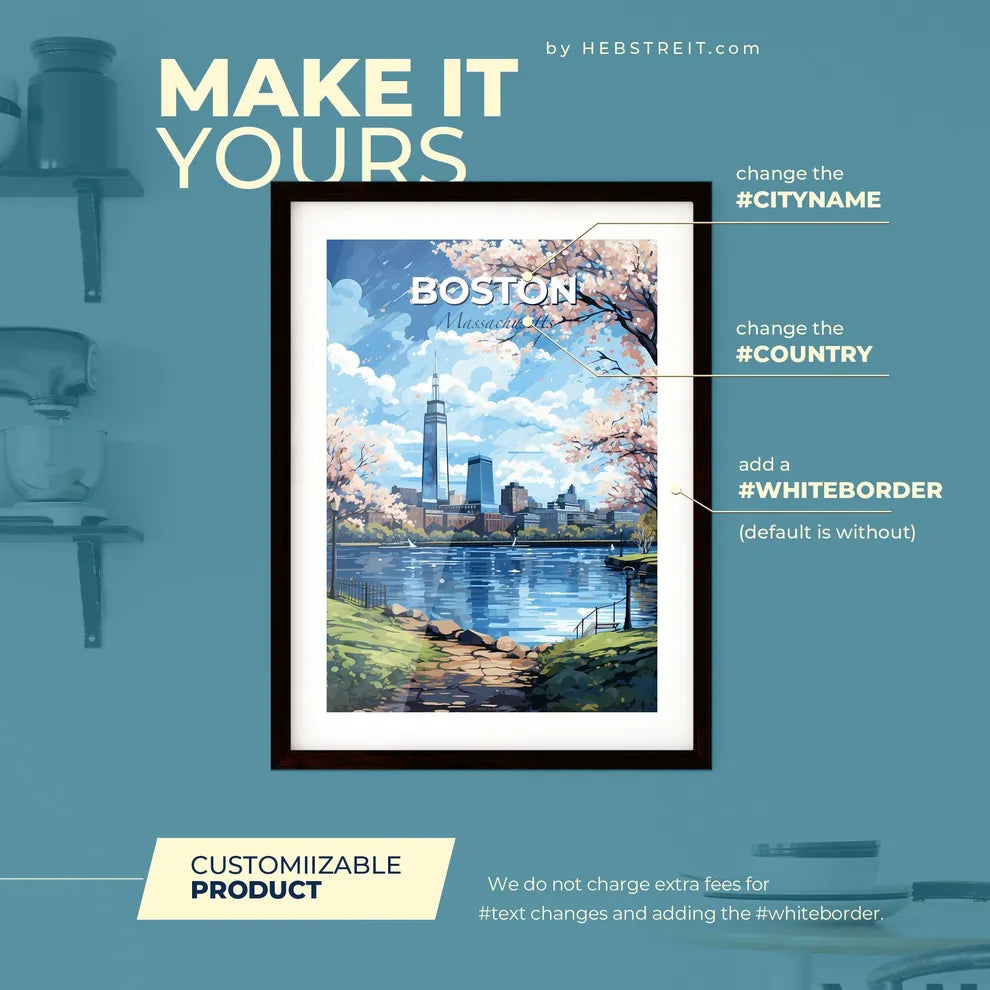 Boston Massachusetts Skyline - A Painting Of A City With A Lake And Trees  - Customizable Travel Gift