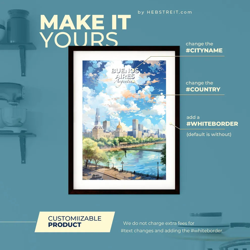 Buenos Aires Argentina Skyline - A City Landscape With Trees And A River  - Customizable Travel Gift