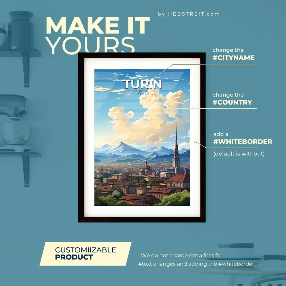 Turin Italy Skyline - A City With Mountains In The Background  - Customizable Travel Gift