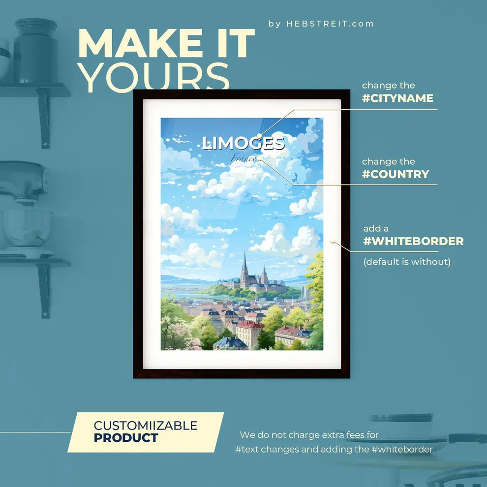 Limoges France Skyline - A City Landscape With A Castle And Trees  - Customizable Travel Gift