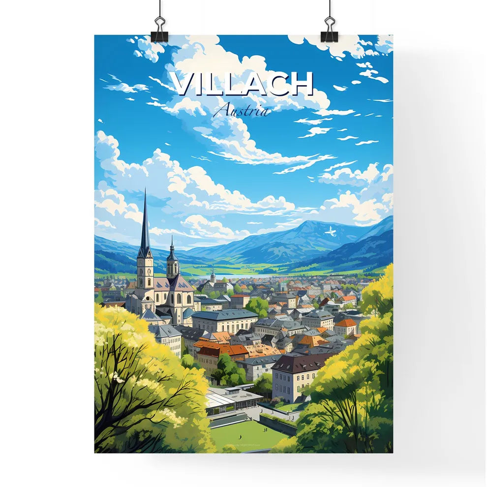 Villach Austria Skyline - A City With A Steeple And Trees  - Customizable Travel Gift