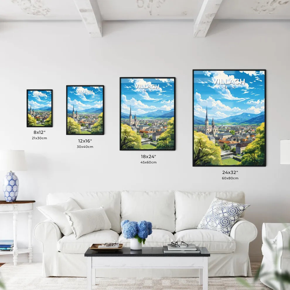 Villach Austria Skyline - A City With A Steeple And Trees  - Customizable Travel Gift