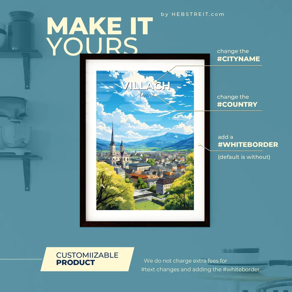 Villach Austria Skyline - A City With A Steeple And Trees  - Customizable Travel Gift