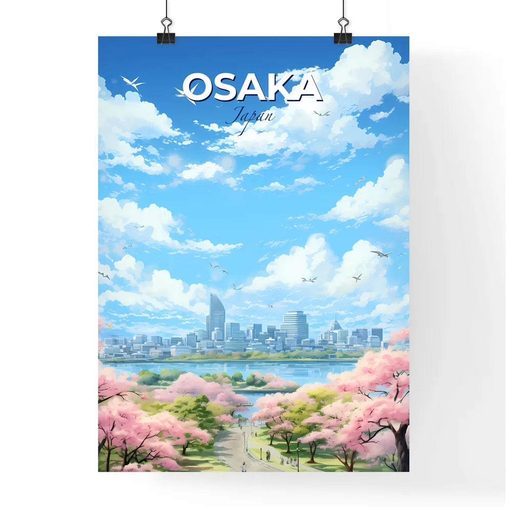 Osaka Japan Skyline - A City With Pink Flowers And Birds Flying Over Water  - Customizable Travel Gift