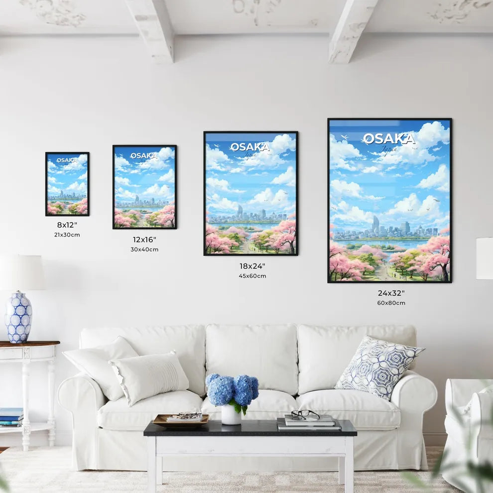 Osaka Japan Skyline - A City With Pink Flowers And Birds Flying Over Water  - Customizable Travel Gift