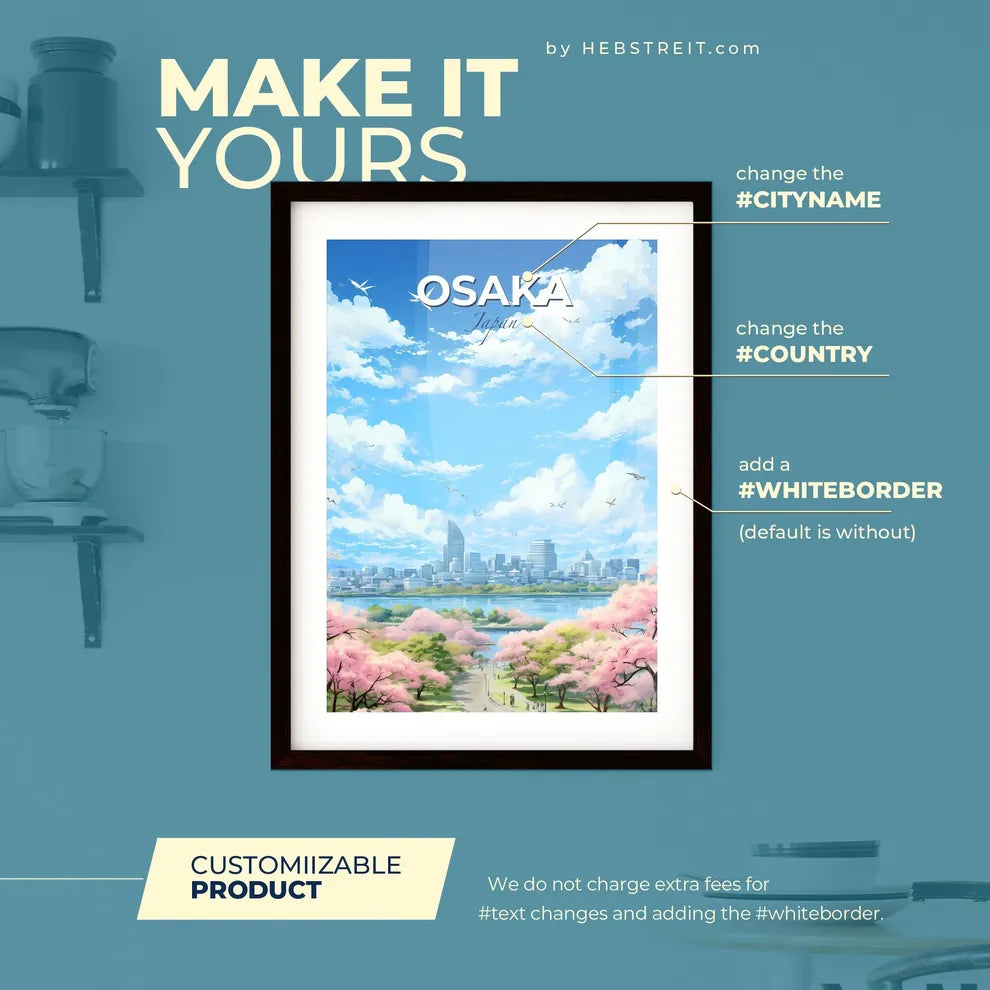 Osaka Japan Skyline - A City With Pink Flowers And Birds Flying Over Water  - Customizable Travel Gift