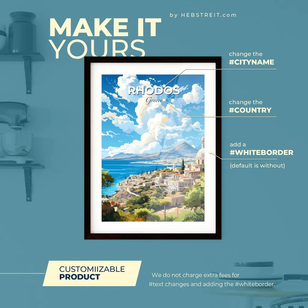Rhodos Greece Skyline - A Landscape Of A Town By The Water  - Customizable Travel Gift
